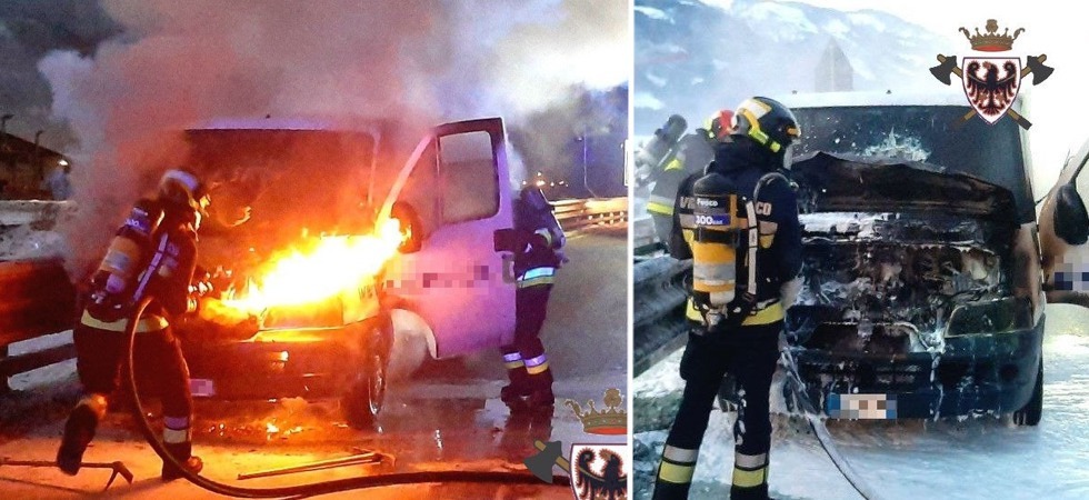 Foto Federazione dei vigili del fuoco volontari del Trentino – Mauro Morandini Si accorge delle fiamme e scende in tempo dal furgone che prende fuoco, paura lungo la statale